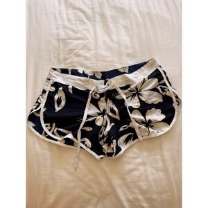 Navy Blue Mirco Shorts White Hibiscus Floral Beach Board Shorts Fits XS/S